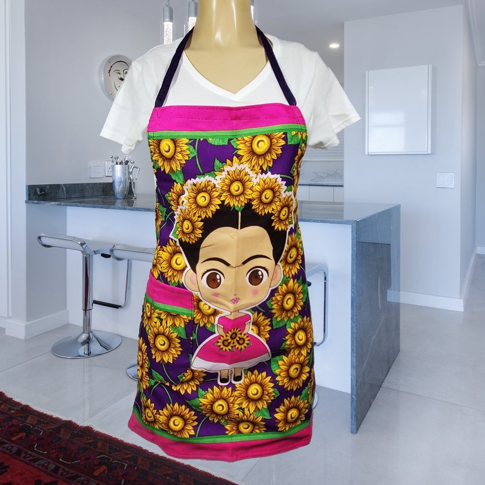 Apron for Kitchen or Art, features illustrated Frida Kahlo & Colorful Sunflowers
